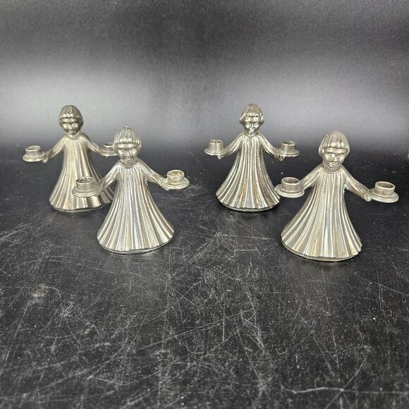 Italian Figural Child Mini Candle Holders Set of 4 Twin Arm Silver Tone Metal 3" - Picture 2 of 16